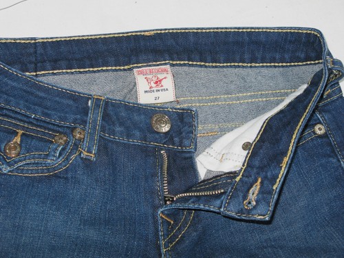 Pantalones de mezclilla rectos True Religion Billy para mujer talla 27 bolsillos con solapa azules con elástico - Imagen 7 de 12