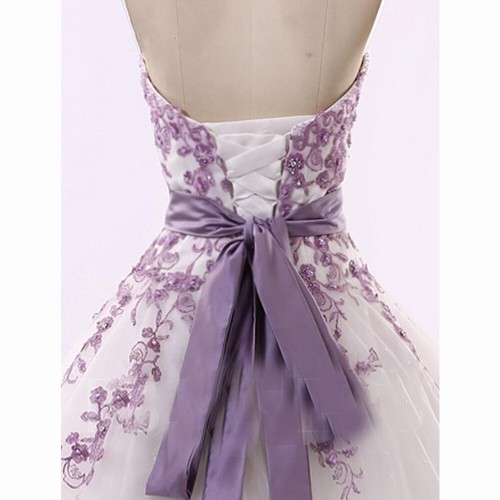 Lila-weiße Brautkleider trägerlos Tüll Schnürung volle Länge Brautkleid - Bild 6 von 12