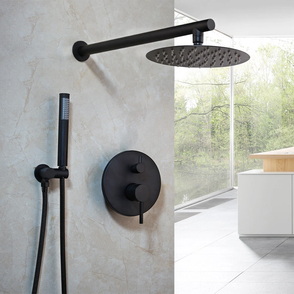 8" Rain Shower Head Tap W/Arm Mixer Control Valve Faucet Black Set Wall Mounted
