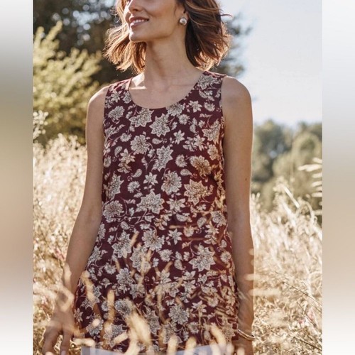 J. Jill 100% Love Linen Floral Sleeveless tiered Top blouse boho maroon White LG - Picture 4 of 13