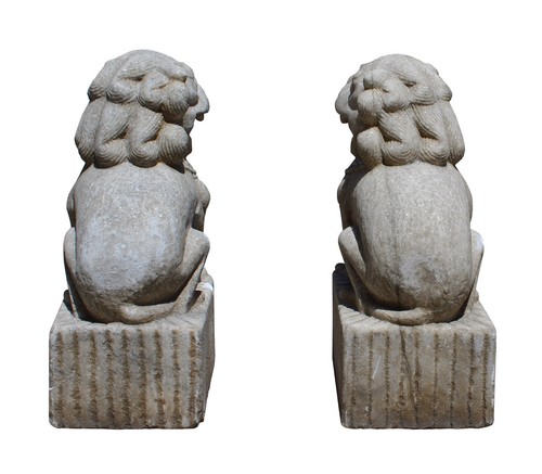 Chinese Pair Distressed Brown White Marble Stone Fengshui Foo Dog Statues cs2868 - Picture 6 of 7