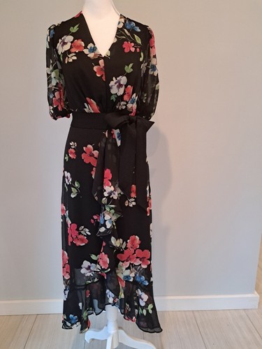 NWT DKNY Sz 12/L Timeless Elegance Ruffle Front & Hem Chiffon Belted Dress $229 - Picture 2 of 19