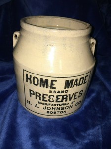 Nice-Antique-Stoneware-Crock-Advertising-Home-Made-Preserves-H-A-Johnson-Boston