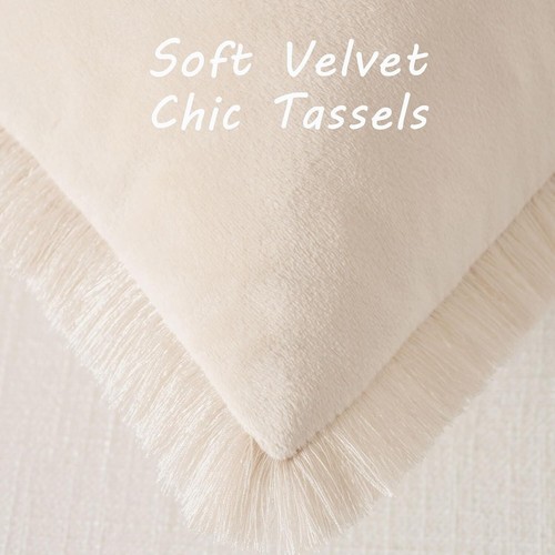 Beige Velvet Throw Pillow Covers 24x24 - Set of 2 with Tassels for Modern Decor - Picture 4 of 8