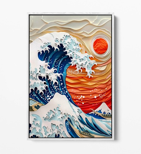 THE GREAT WAVE SUNSET HOKUSAI STYLE DECOR FLOAT EFFECT CANVAS ART PRINT - Picture 8 of 12