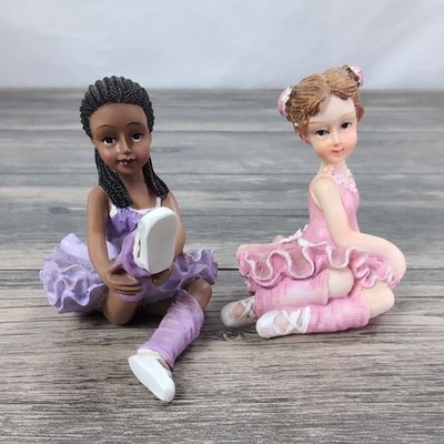 2 Vintage Ballerina Sitting Resin Figurines 3'' Shelf Decor Girls Bedroom Ballet