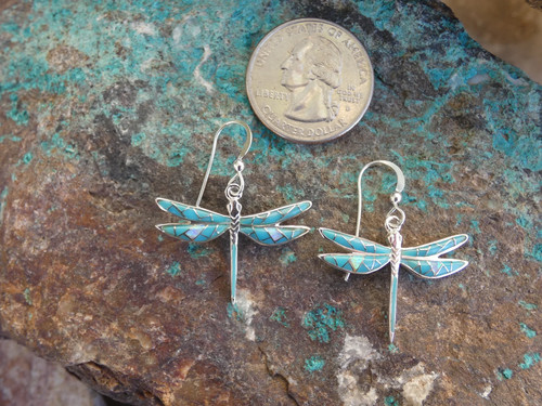Turquoise & Opal Dragonfly Gemstone Sterling Silver 925 French Wire Earrings S58 - Picture 2 of 7