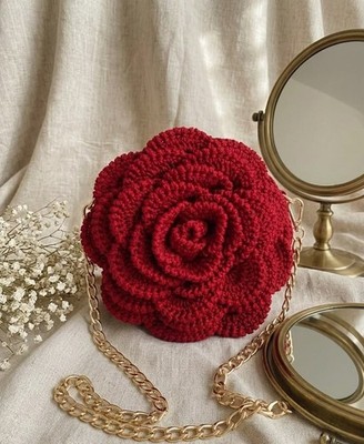 Red Rose Flower Crochet Handbag 3D Petal Tote Boho Chic Statement Purse Unique