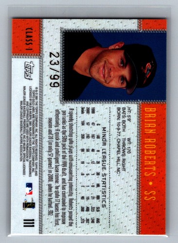 2001 Topps Gold Label Brian Roberts #111 Orioles Class 1 Gold Rookie #/99 - Picture 2 of 2