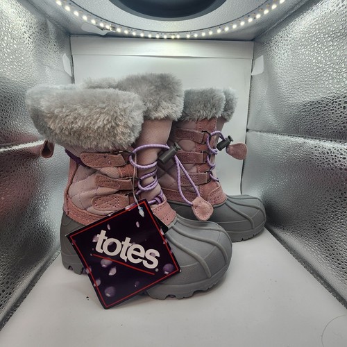 NEU Totes Mädchen Winter Schnee Stiefel Größe 10 Baby Mädchen - Mauve Rosa Grau  - Bild 2 von 9