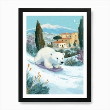 Polar Bear Cub Sledding Down A Snow Framed Wall Art Poster Canvas Print Picture
