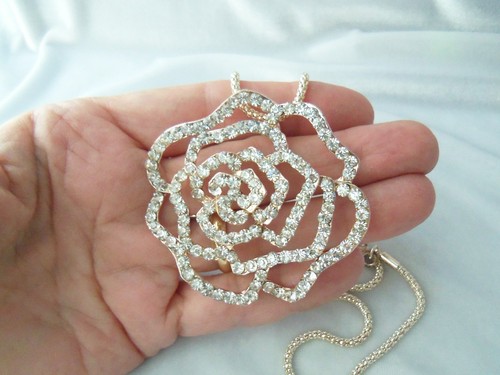 Große Kristall Strass durchbrochene Rose Blume Anhänger Popcorn Kette Halskette - Bild 5 von 7