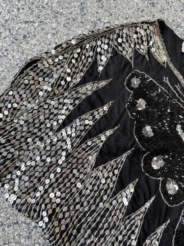 Vintage Butterfly Silver Sequins Top Made In India Party Cruise Shirt Disco Silk - Picture 7 of 14