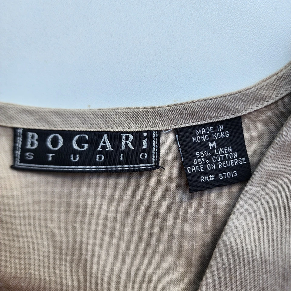 Bogari Studio 女式亚麻棉束腰外衣 Sleveless 纽扣 V 领米色 M 码 — 第 2/4 张图片