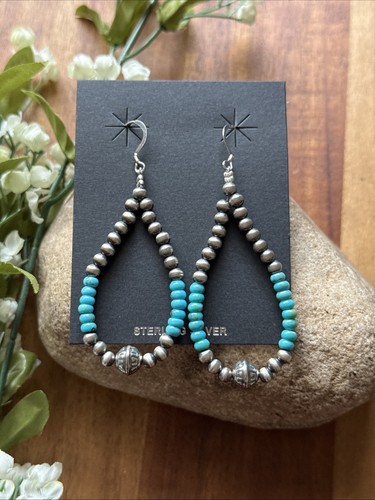 Sterling Silver Blue Turquoise Bead W Pearls Loop Hoop Earrings. - Picture 4 of 12