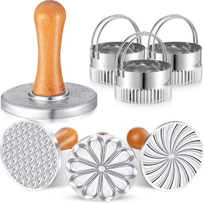Set Cookie Stamp Metal Cookie Press Mold w Wooden Handle Pattern Molds for Bakin