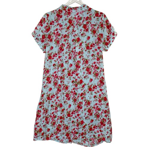 Talia Benson S Womens 100% Linen Floral Printed Shirt Dress Summer Red Blue - Picture 2 of 8