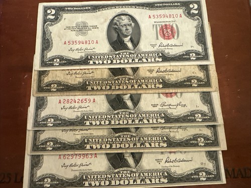 1963 $2 Dollar Bill Red Seal Circulated Lot of 5