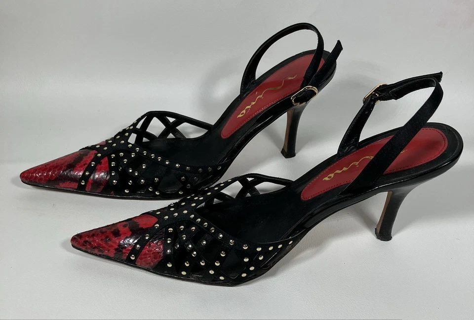 NINA Rojo Negro Punta Punta Punta Eslinga Dorado Tachuelas Estampado Piel de Serpiente Suela de Cuero 7 M Foto 2 de 4