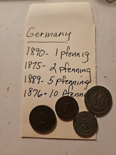 Germania 1890 1 Pfennig, 1875 2 Pfennig, 1889 5 Pfennig, 1876 monete da 10 Pfennig