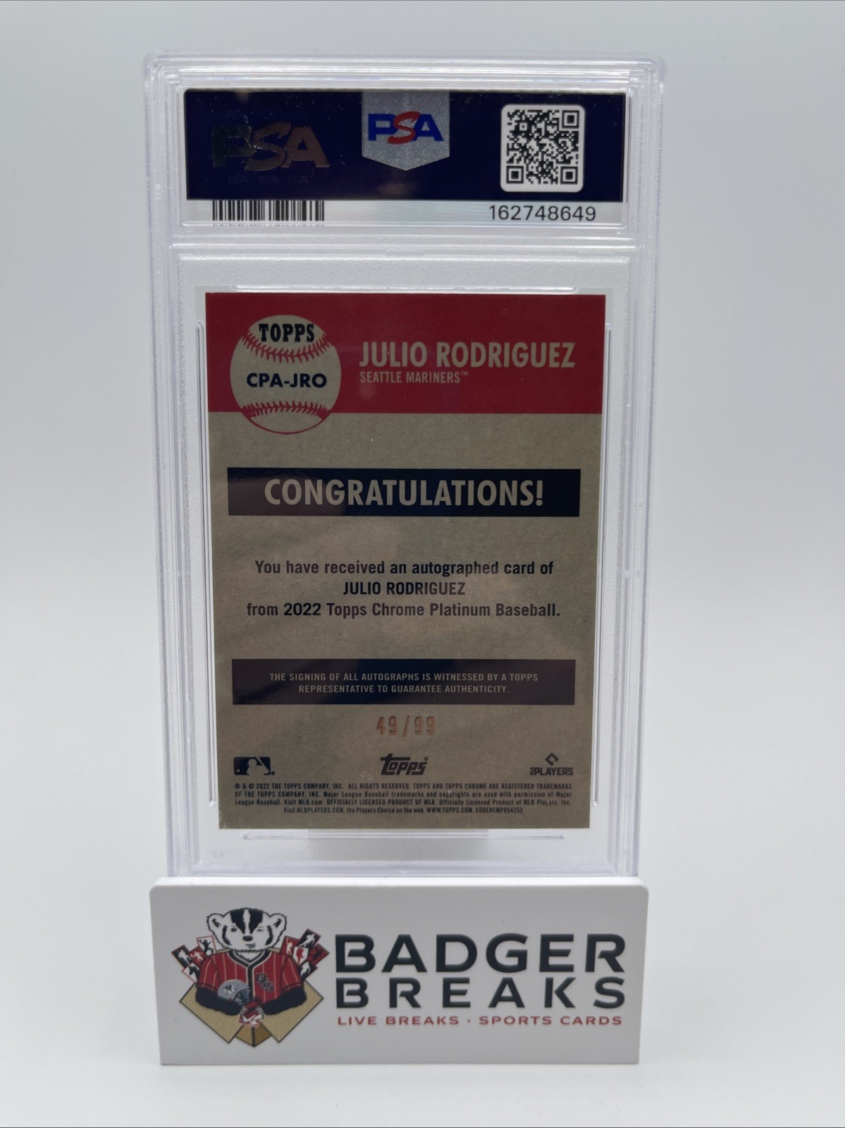 JULIO RODRIGUEZ 2022 TOPPS CHROME PLATINUM ANNIV. BLUE PRISM AUTO /99 PSA 9 (BW) view 2