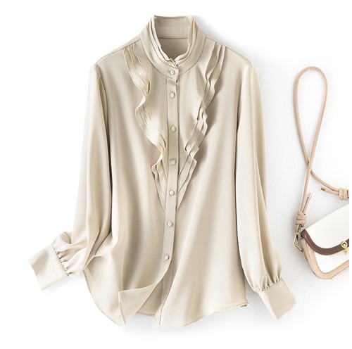 Camisa 93 % seda para mujer ajustada con volantes top morera seda manga larga blusas de oficina - Imagen 6 de 19