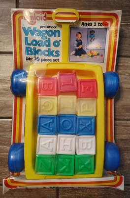 Vintage NOS Amloid Wagon Load O' Blocks, Plastic 16 Piece Preschool Sealed Toy