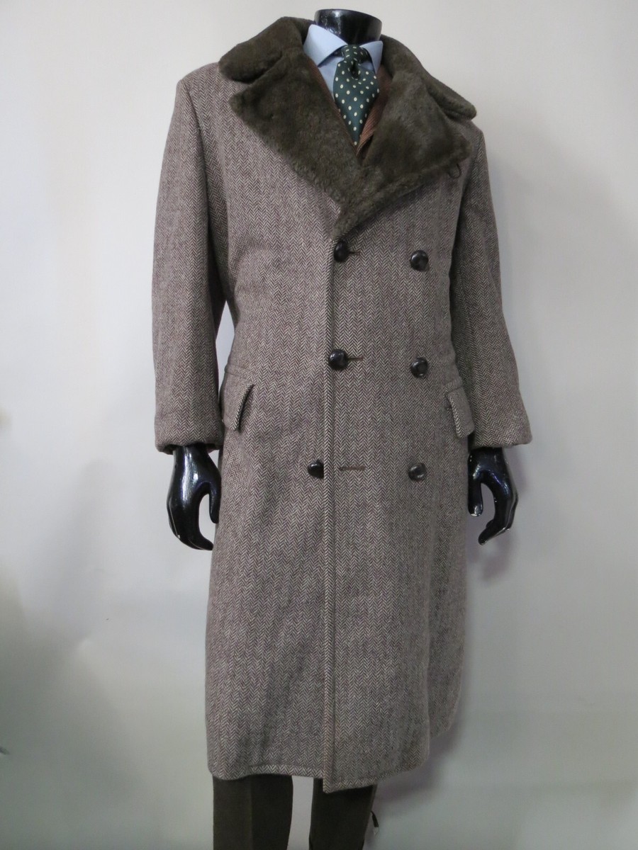 VTG J Press herringbone tweed Full Faux fur collar double