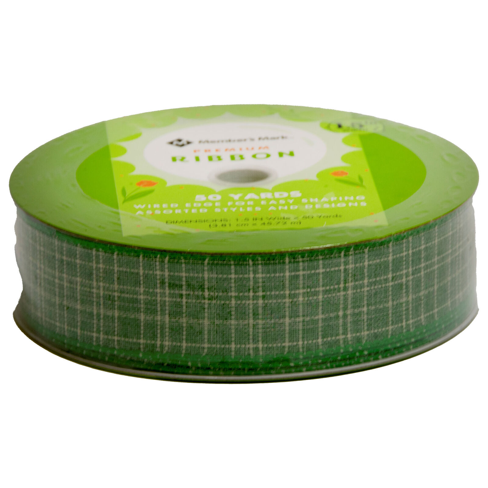 Members Mark Premium Wired Ribbon 50 Yards 1-1/2 in Width, Green Plaid