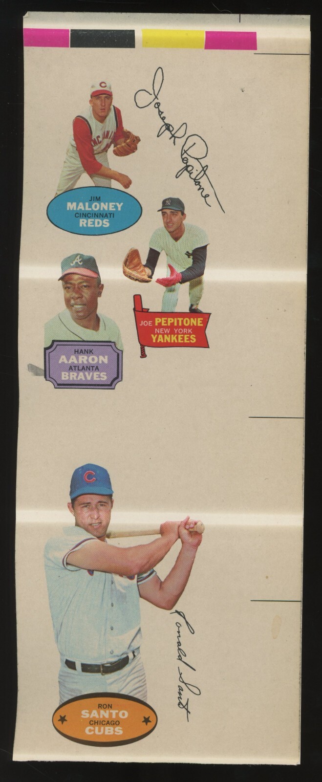 1968 Topps Action All-Star Stickers Uncut Panel PROOF w/ HANK AARON Ron Santo