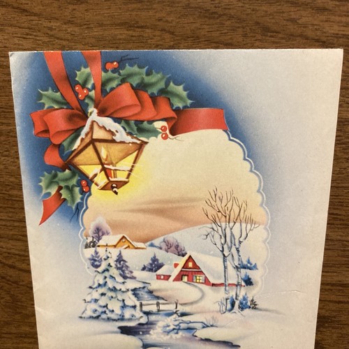 Tarjeta de felicitación de Feliz Navidad vintage de los años 40 cabañas de invierno árboles nieve P1E - Imagen 3 de 12