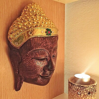 VINTAGE LARGE WOOD CARVED BUDDHA FACE MASK WALL SCULPTURE HOME DECOR ANCIENT #1