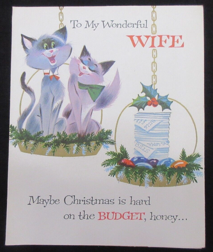 VNTG NORCROSS CHRISTMAS Card TO WIFE ANTHROPOMORPHIC CATS ON SCALES; POP-OUT