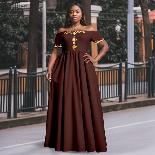 Women Dress Off Shoulder High Waist Embroidery Maxi Dress Elegant African Dress - Picture 19 of 21