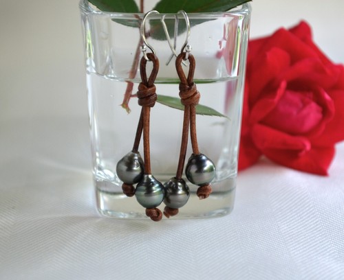 Tahitian Pearls Leather Long Dangling Earrings Tahiti Pearl Earrings For Her - Picture 3 of 7