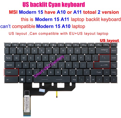 Neue US Tastatur mit Hintergrundbeleuchtung für MSI Modern 15 A10 A10M A10R MS-1551 A11 A11M MS-1552 - Bild 3 von 3