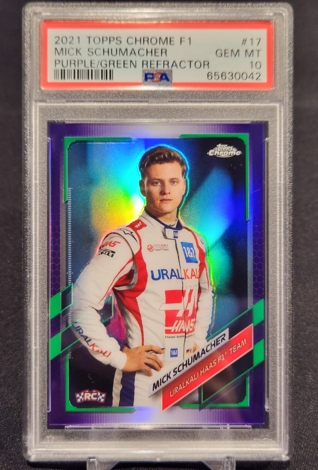 2021 Topps Chrome Formula 1 Mick Schumacher #17 Purple Green Refractor PSA 10