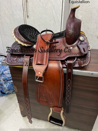 leather western horse riding brown saddle tack with rear cinch - Picture 2 of 3