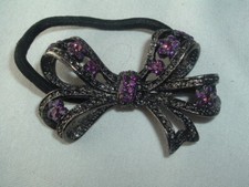 VINTAGE METAL BOW WITH PURPLE ACCENT ELASTIC PONYTAIL HOLDER HAIR ACCESSORY