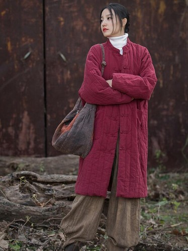 Damen Baumwolle Leinen Mantel Lang Parkas Einreiher Stepp Baumwolle Wattiert Jacke - Bild 1 von 20