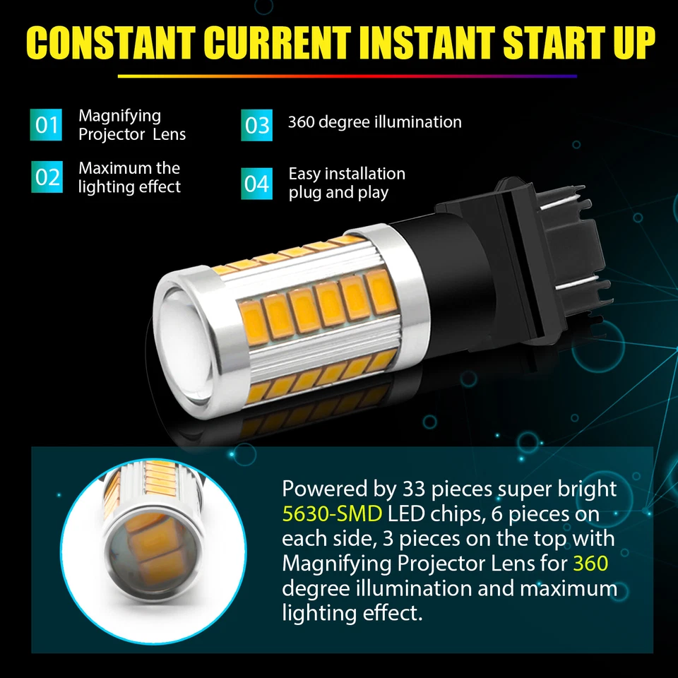 LED 3157 Intermitente de señal de giro Aparcamiento Marcador lateral Bombilla Ámbar Amarillo 3000K Foto 4 de 4
