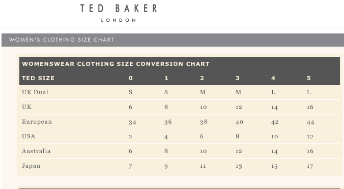 Ted Baker Womens Size Chart