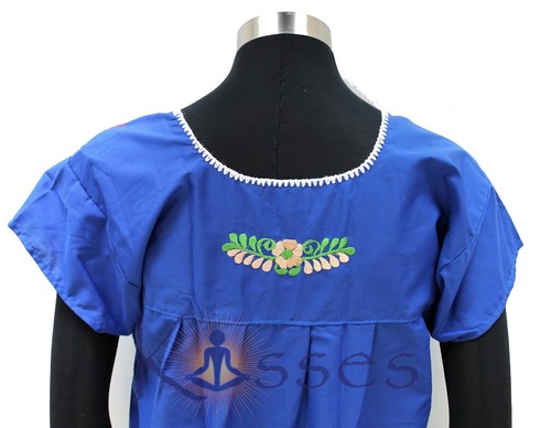Mexican Peasant Blouse Hand Embroidered Top Colors Vintage Style Tunic Brt Blue - Picture 9 of 10