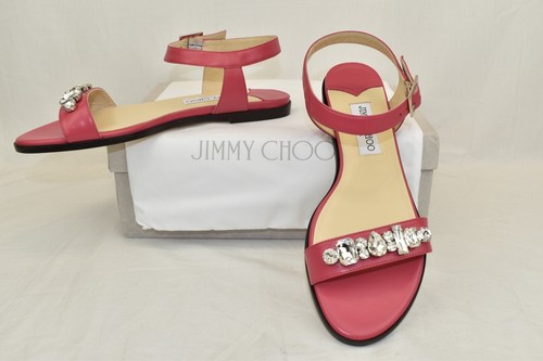 NIB JIMMY CHOO CITY ONPA PINK LEATHER ANKLE STRAP JEWELED SANDALS FLATS 38 - Picture 5 of 12