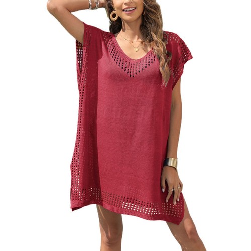 Damen Kurzarm Bikini Cover Up V-Ausschnitt Häkel Strick Aushöhlen Strandkleid - Bild 12 von 38