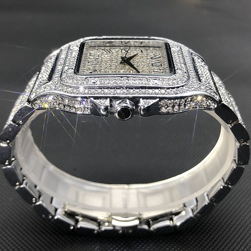 MISSFOX Men's Ice Out Watch Quartz Silver Cz Diamond Square Waterproof Gift NEW - Picture 3 of 4