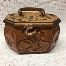 VTG Hand Carved Wood Signed Box Purse Mushroom Motif