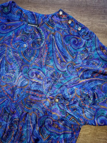 Vintage 70 Blouse Blue Purple Paisley Print Button Shoulder Shirt Plus Size 20w - Picture 3 of 6