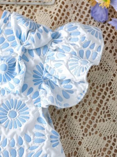 Girls Dress Size 7 Blue Jacquard Frill Sleeve Straight A Line - Picture 9 of 9