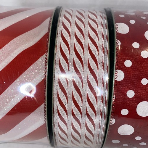 Members Mark Christmas Wired Ribbon White Red Stripes Santa Clause 4 Pack Rolls - Picture 3 of 8